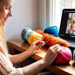 **A cozy, sunlit home office in Sweden. Someone is knitting colorful yarn while video conferencing on a laptop.** (This captures the essence of turning a hobby like knitting into an income source through online presence and perhaps teaching or selling patterns.)
