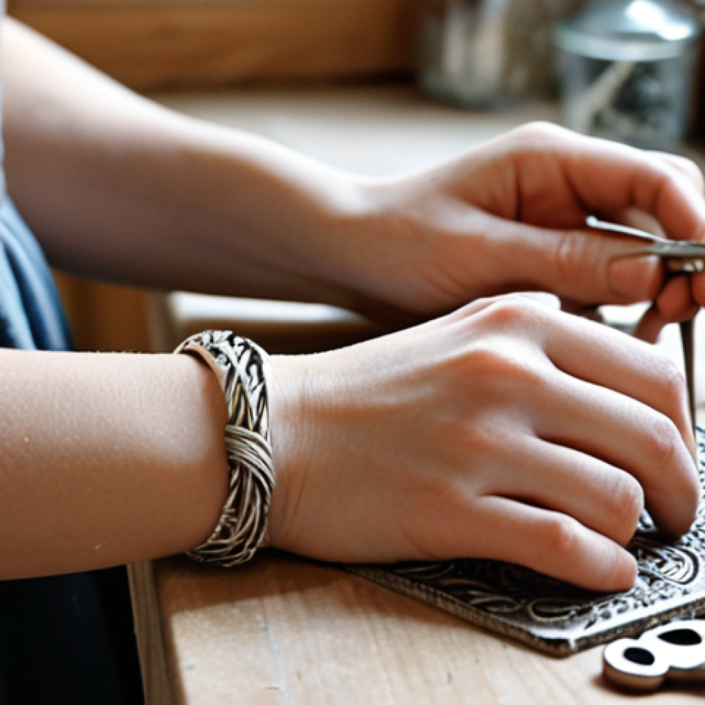 Creative Crafts**

Prompt: "Close-up of hands crafting intricate silver jewelry at a workbench. Soft, natural light. Tools and materials scattered artistically around. Etsy shop banner in background, slightly blurred. Swedish 'hantverk' feel. Focus on detail and craftsmanship."

**