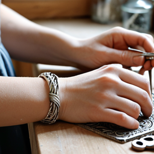 Home 17 Creative Crafts**
Prompt: "Close-up of hands crafting intricate silver jewelry at a workbench. Soft, natural light. Tools and materials scattered artistically around. Etsy shop banner in background, slightly blurred. Swedish 'hantverk' feel. Focus on detail and craftsmanship."
**