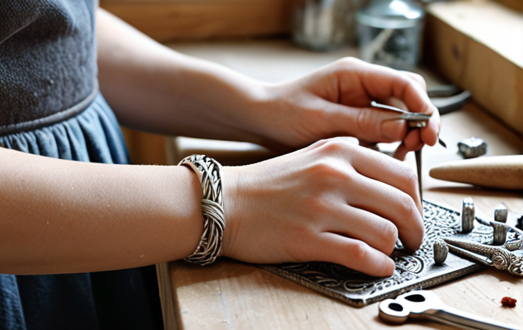 Creative Crafts**
Prompt: "Close-up of hands crafting intricate silver jewelry at a workbench. Soft, natural light. Tools and materials scattered artistically around. Etsy shop banner in background, slightly blurred. Swedish 'hantverk' feel. Focus on detail and craftsmanship."
**