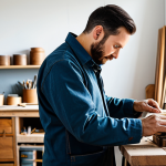 A focused artisan, fully clothed in modest, professional work attire, meticulously crafting an upcycled wooden art piece in a bright, modern workshop filled with natural light and sustainable materials. The workshop is clean and organized, showcasing various tools and partially finished projects. The artisan is captured in a natural pose, demonstrating perfect anatomy, correct proportions, well-formed hands, and proper finger count. The image emphasizes high quality, attention to detail, and a commitment to craftsmanship. safe for work, appropriate content, fully clothed, professional.